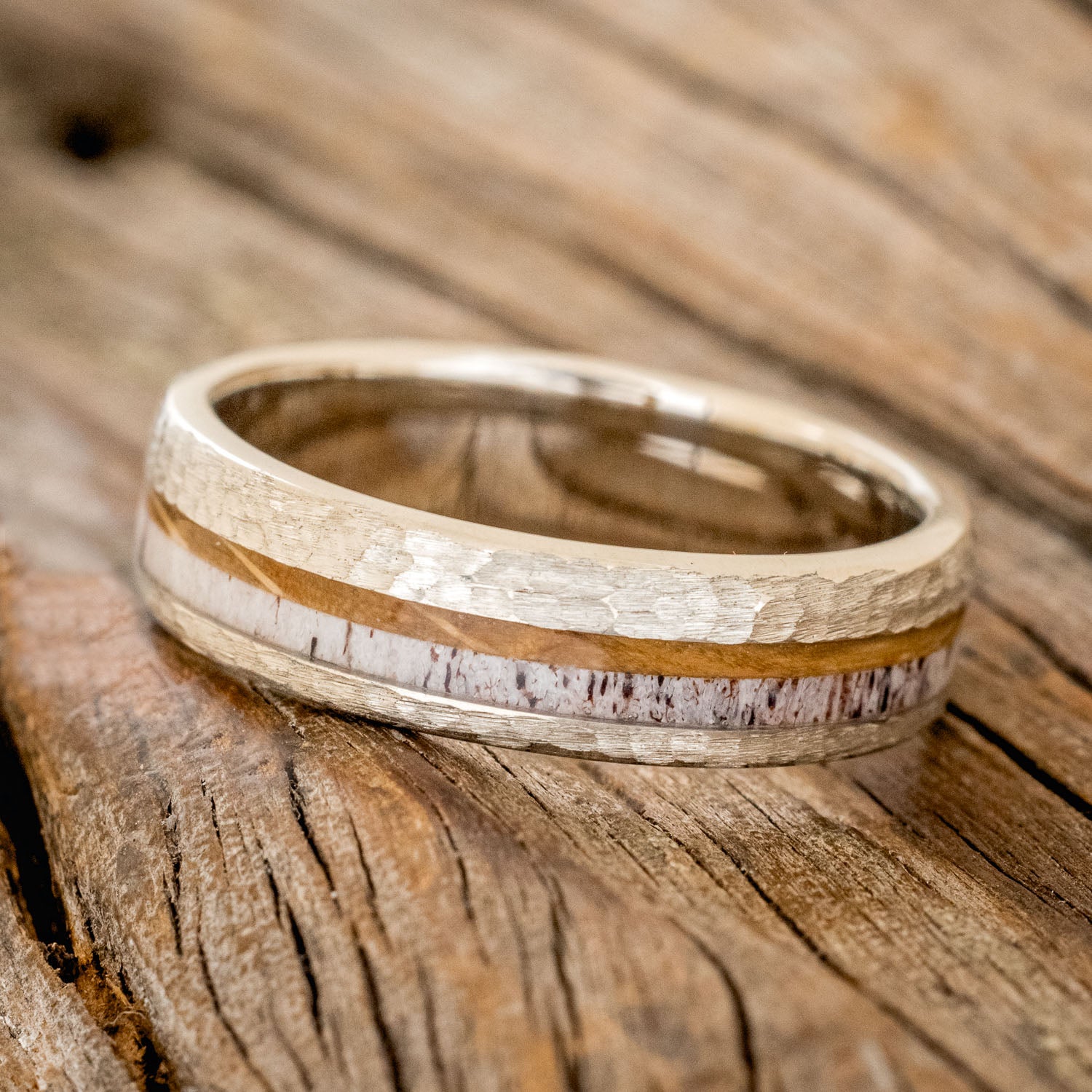"TANNER" - WHISKEY BARREL OAK & ANTLER WEDDING BAND WITH A HAMMERED FINISH-2