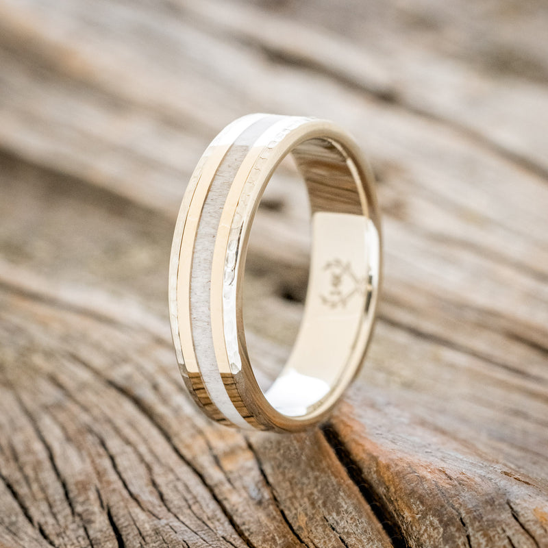 "HOLLIS" - ANTLER & 14K YELLOW GOLD INLAYS WEDDING RING WITH A HAMMERED FINISH-7