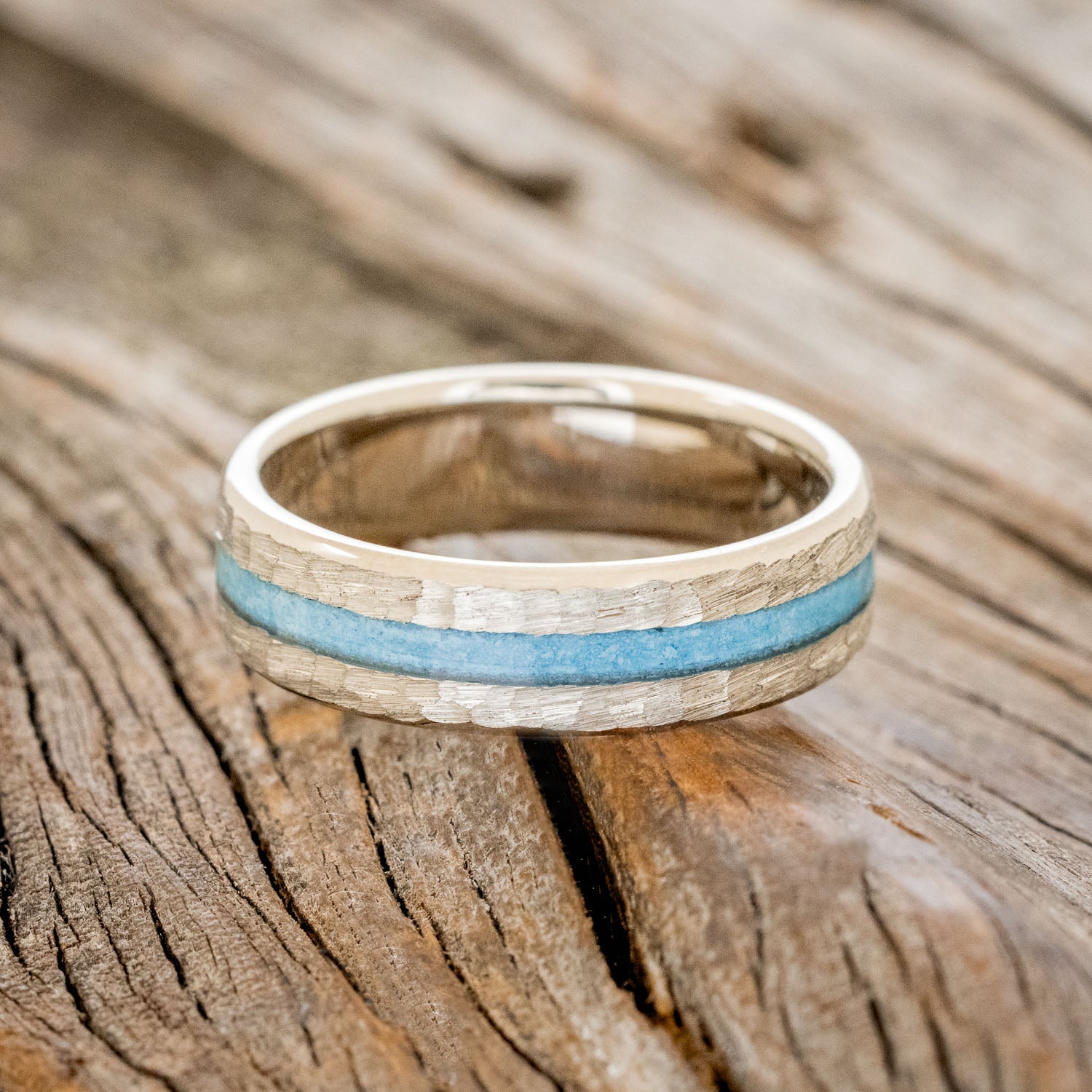 "NIRVANA" - CENTERED TURQUOISE INLAY WEDDING BAND WITH HAMMERED FINISH-3