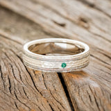 "RYDER" - FIRE & ICE OPAL WITH AN EMERALD ACCENT WEDDING RING IN A HAMMERED FINISH