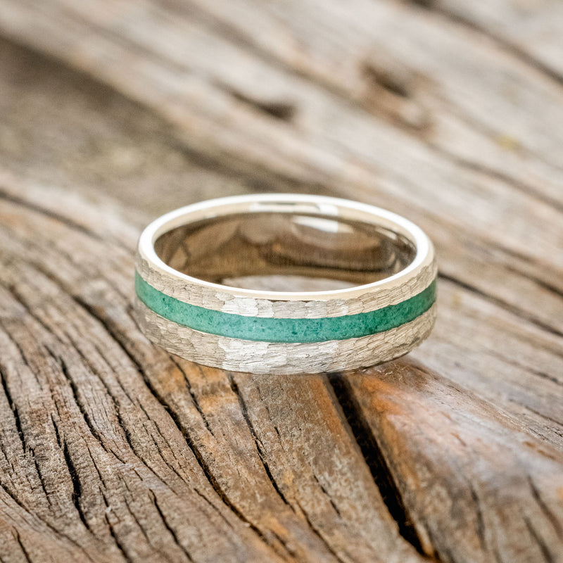 "VERTIGO" - MALACHITE WEDDING RING FEATURING A HAMMERED 14K GOLD BAND-9