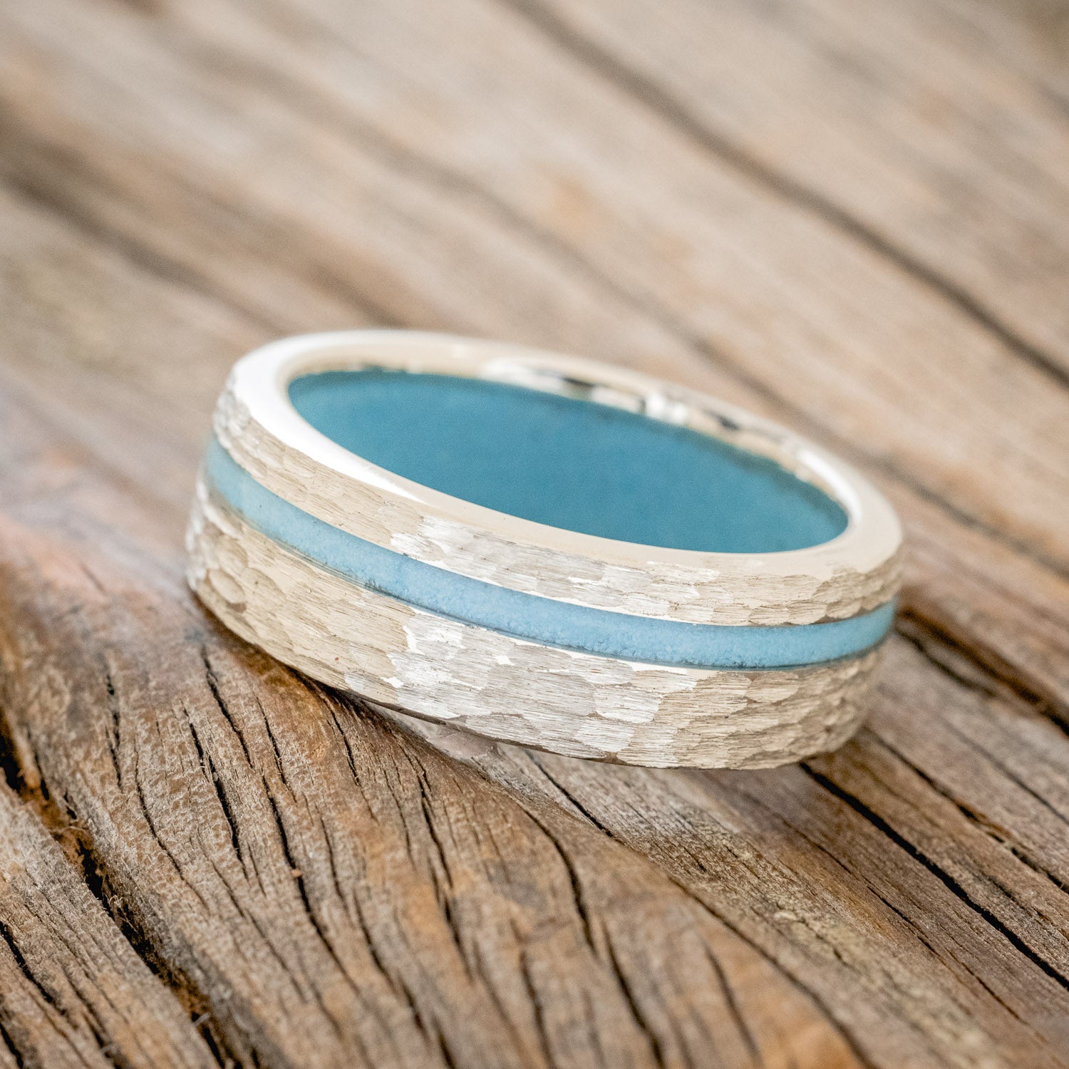 "VERTIGO" - TURQUOISE INLAY & LINED WEDDING BAND WITH A HAMMERED FINISH-8