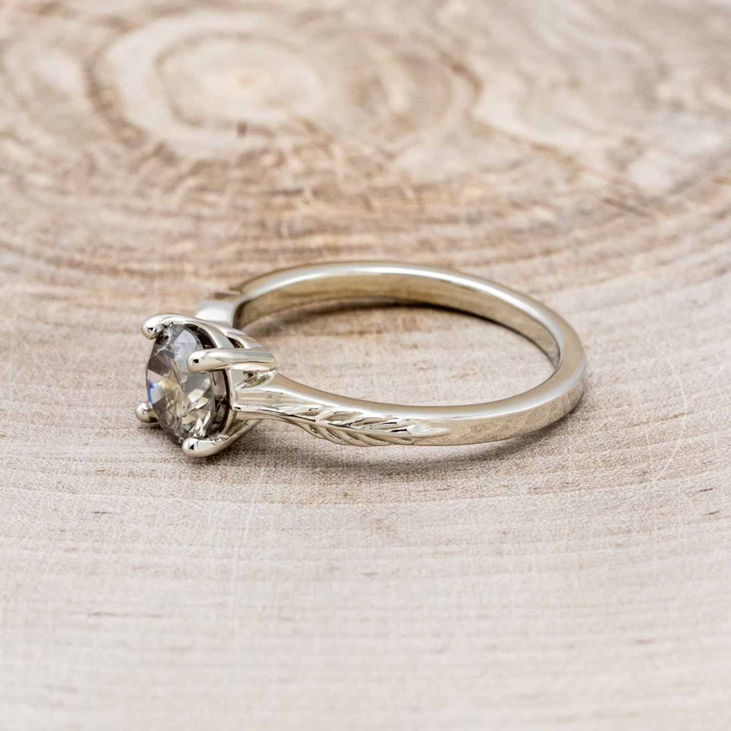 "HOPE" - ROUND CUT SALT & PEPPER DIAMOND SOLITAIRE ENGAGEMENT RING WITH FEATHER ACCENTS-9