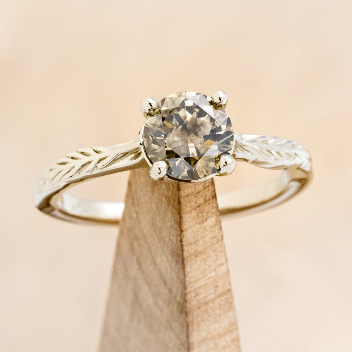 "HOPE" - ROUND CUT SALT & PEPPER DIAMOND SOLITAIRE ENGAGEMENT RING WITH FEATHER ACCENTS-7