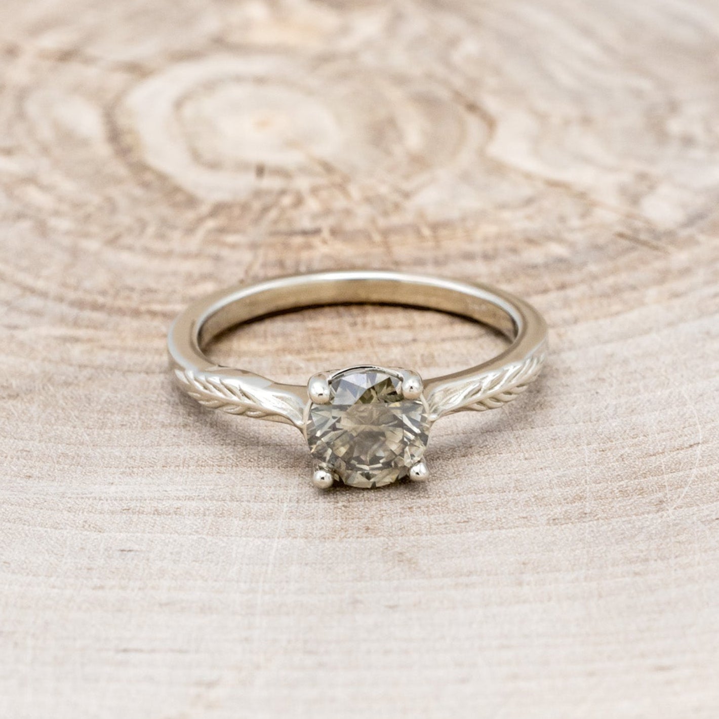 "HOPE" - ROUND CUT SALT & PEPPER DIAMOND SOLITAIRE ENGAGEMENT RING WITH FEATHER ACCENTS-10
