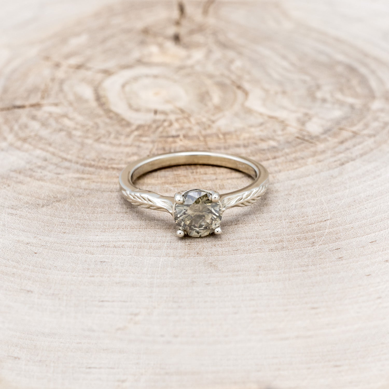 "HOPE" - ROUND CUT SALT & PEPPER DIAMOND SOLITAIRE ENGAGEMENT RING WITH FEATHER ACCENTS-10