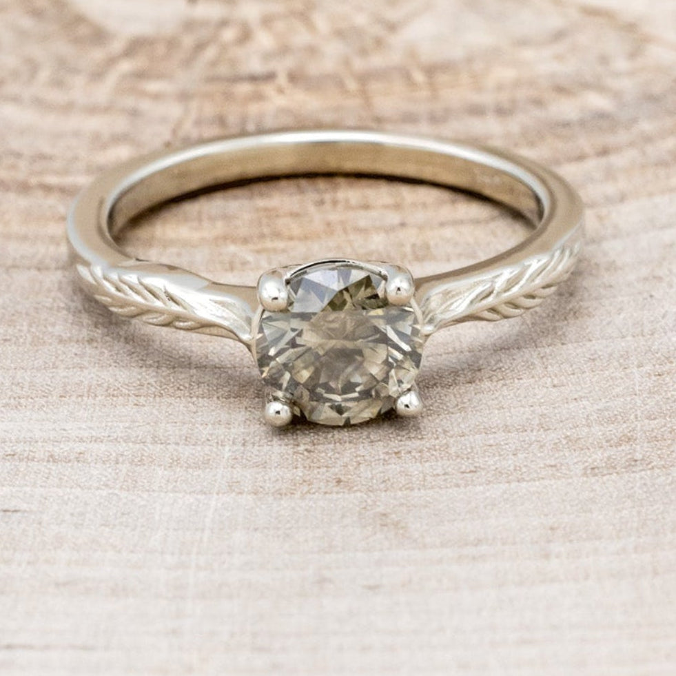 "HOPE" - ROUND CUT SALT & PEPPER DIAMOND SOLITAIRE ENGAGEMENT RING WITH FEATHER ACCENTS-10