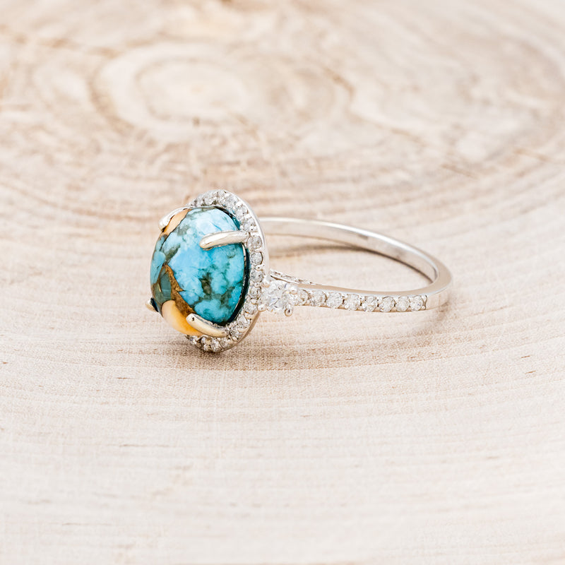 "KB" - OVAL SPINY OYSTER TURQUOISE ENGAGEMENT RING WITH DIAMOND HALO & ACCENTS