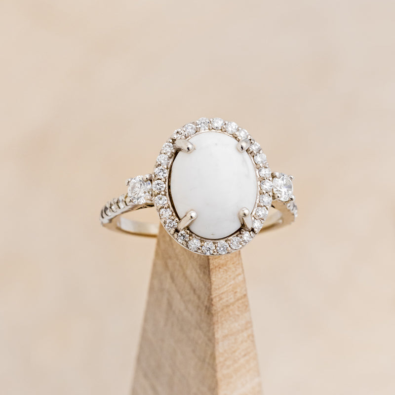 "KB" - OVAL WHITE BUFFALO TURQUOISE ENGAGEMENT RING WITH DIAMOND ACCENTS & TRACER