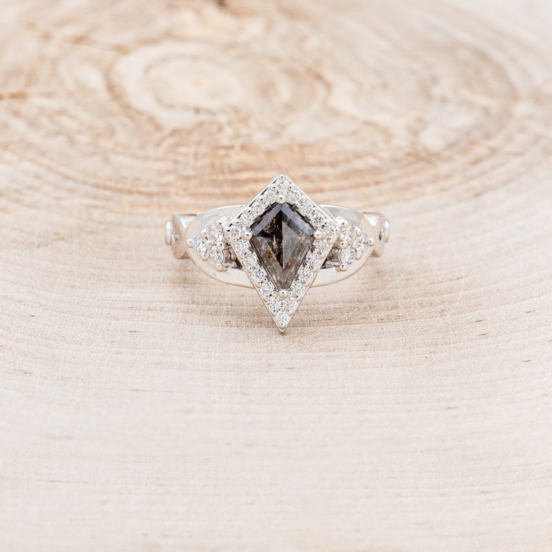 KITE CUT SALT & PEPPER ENGAGEMENT RING WITH DIAMOND HALO & ACCENTS