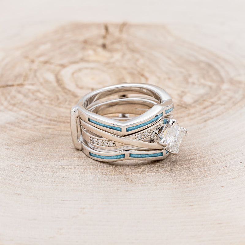"LINA" - PRINCESS CUT MOISSANITE ENGAGEMENT RING WITH DIAMOND ACCENTS & TURQUOISE RING GUARD