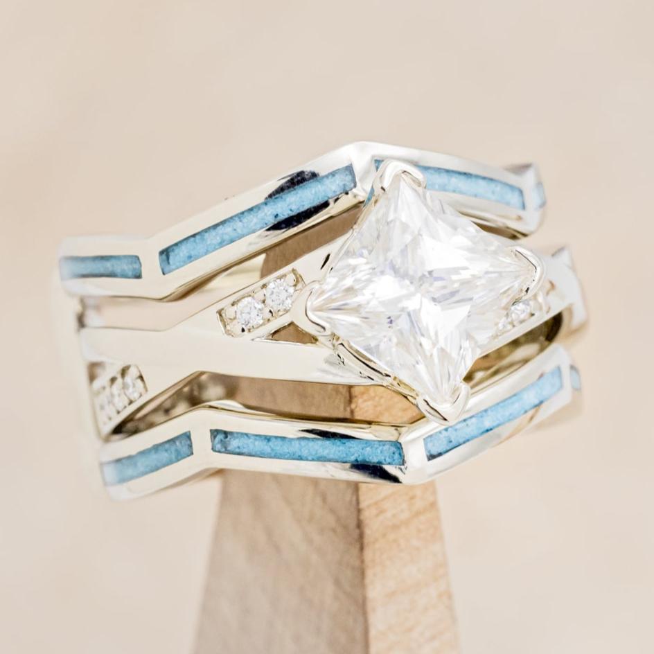 "LINA" - PRINCESS CUT MOISSANITE ENGAGEMENT RING WITH TURQUOISE RING GUARD-30