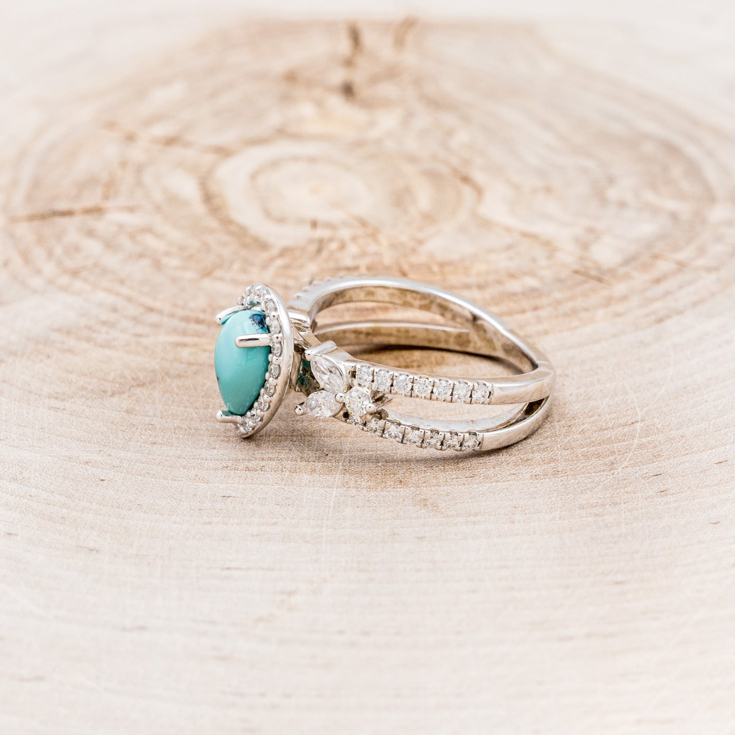 "LORETTA" - PEAR-SHAPED TURQUOISE ENGAGEMENT RING WITH DIAMOND HALO & ACCENTS-9
