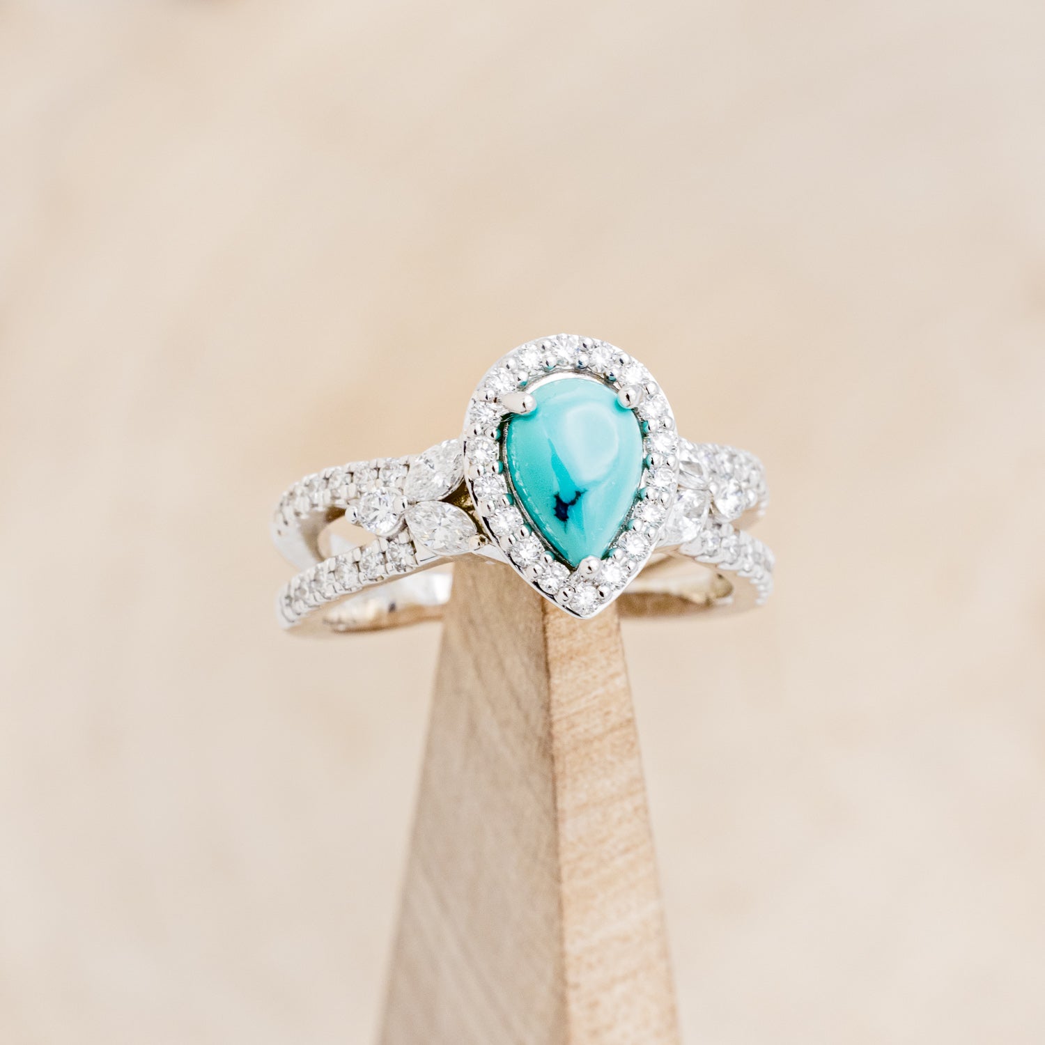 "LORETTA" - PEAR-SHAPED TURQUOISE ENGAGEMENT RING WITH DIAMOND HALO & ACCENTS-7