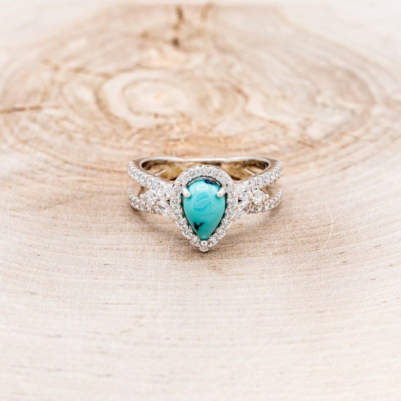 "LORETTA" - PEAR-SHAPED TURQUOISE ENGAGEMENT RING WITH DIAMOND HALO & ACCENTS