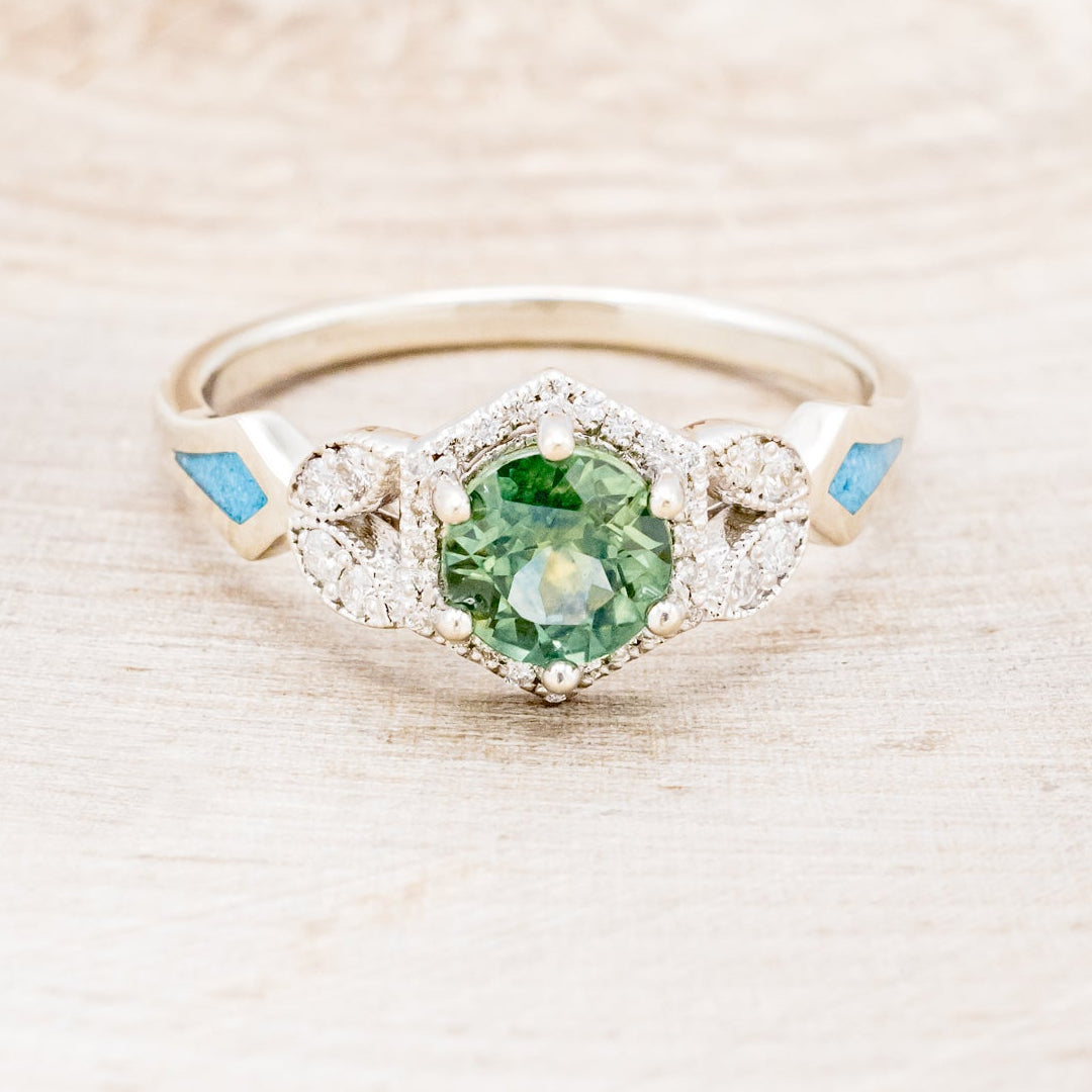 "LUCY IN THE SKY" PETITE - ROUND CUT MONTANA SAPPHIRE ENGAGEMENT RING WITH DIAMOND ACCENTS & TURQUOISE INLAYS-4
