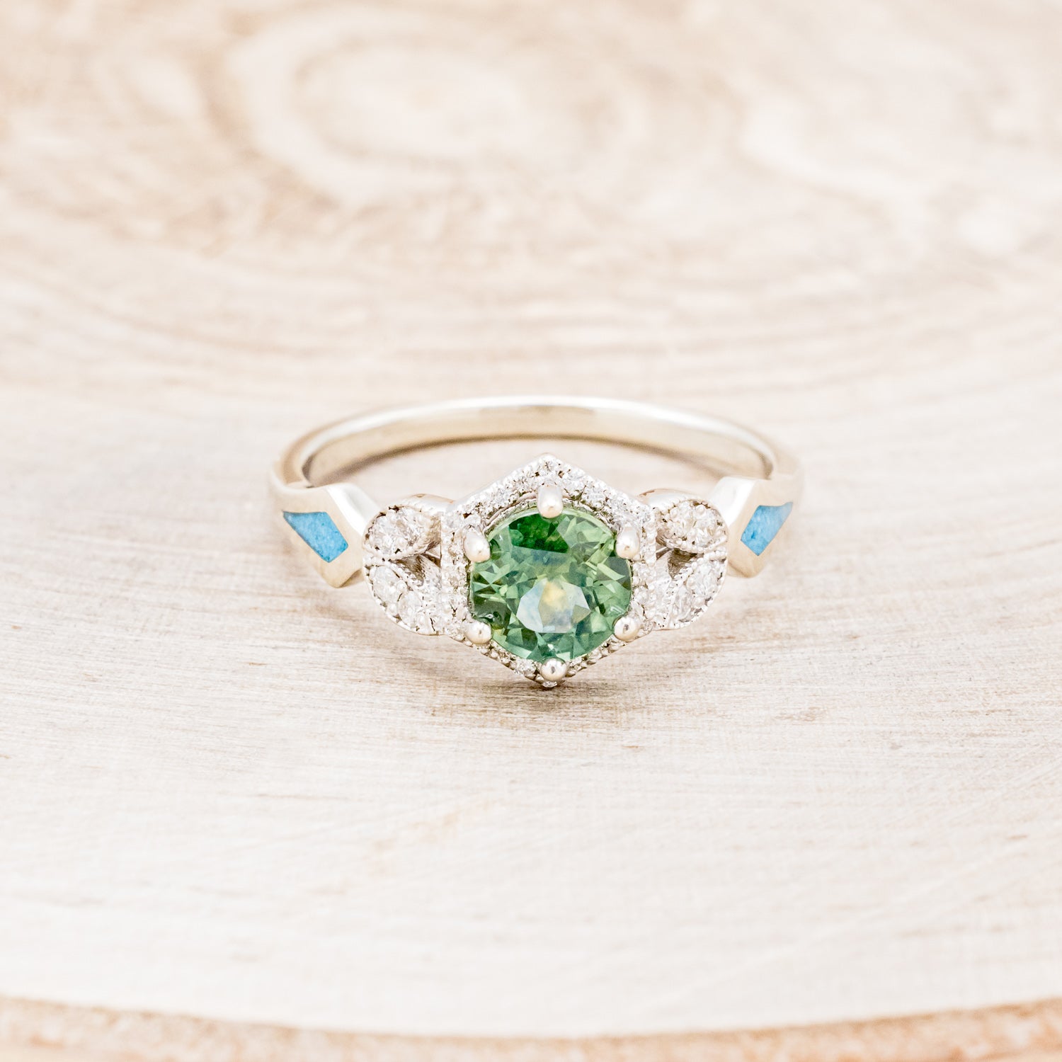 "LUCY IN THE SKY" PETITE - ROUND CUT MONTANA SAPPHIRE ENGAGEMENT RING WITH DIAMOND ACCENTS & TURQUOISE INLAYS-4