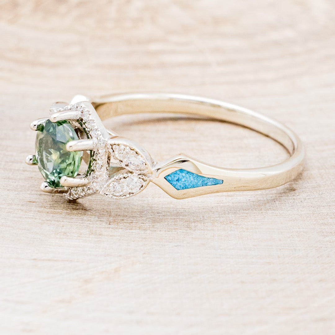 "LUCY IN THE SKY" PETITE - ROUND CUT MONTANA SAPPHIRE ENGAGEMENT RING WITH DIAMOND ACCENTS & TURQUOISE INLAYS-3
