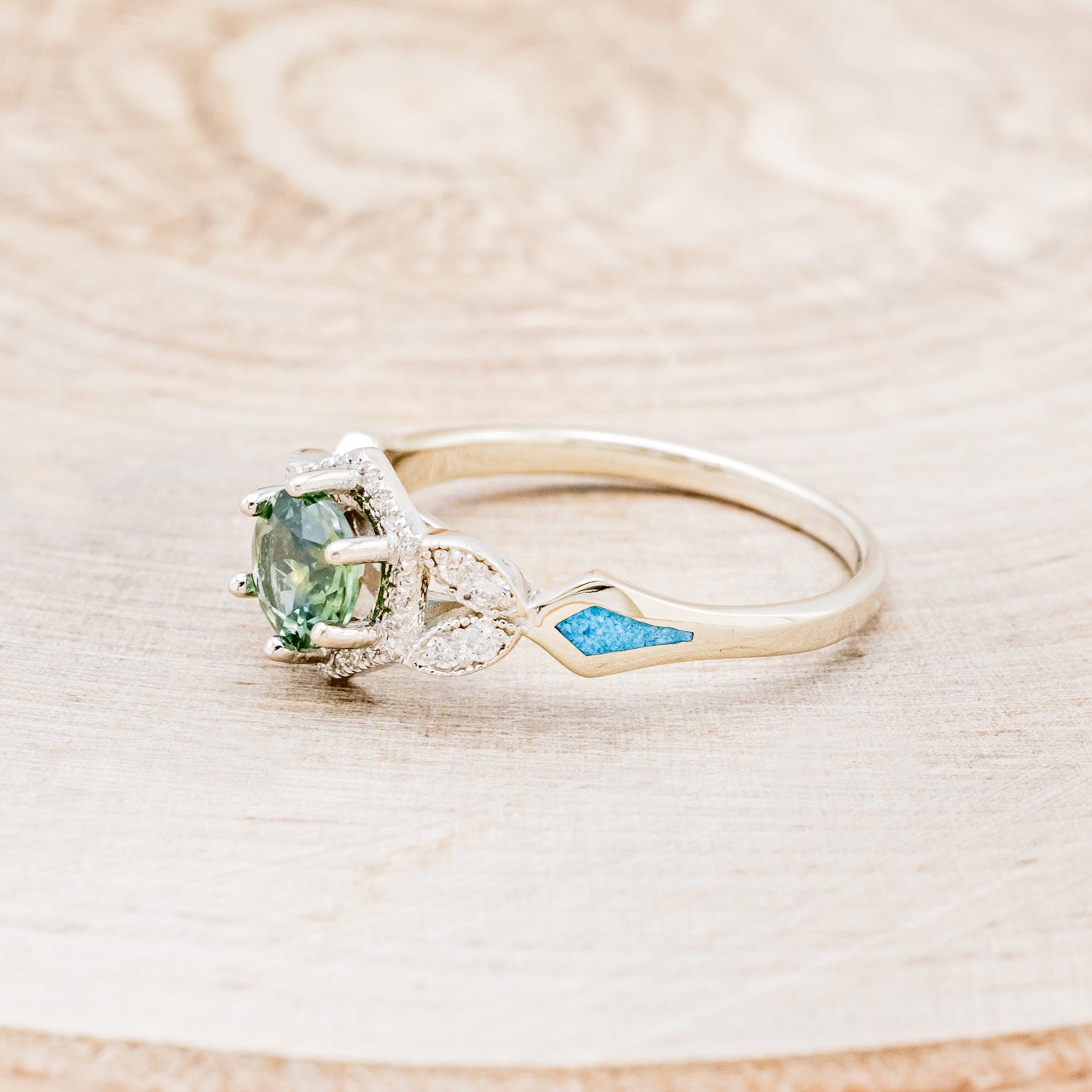 "LUCY IN THE SKY" PETITE - ROUND CUT MONTANA SAPPHIRE ENGAGEMENT RING WITH DIAMOND ACCENTS & TURQUOISE INLAYS-3