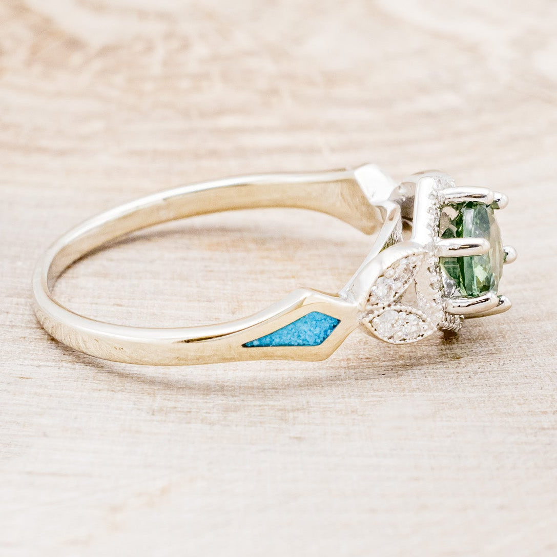 "LUCY IN THE SKY" PETITE - ROUND CUT MONTANA SAPPHIRE ENGAGEMENT RING WITH DIAMOND ACCENTS & TURQUOISE INLAYS-2