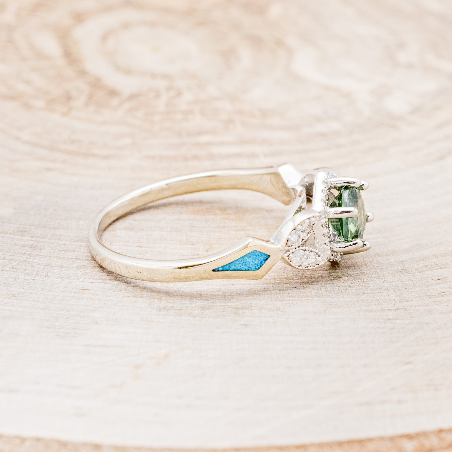 "LUCY IN THE SKY" PETITE - ROUND CUT MONTANA SAPPHIRE ENGAGEMENT RING WITH DIAMOND ACCENTS & TURQUOISE INLAYS-2