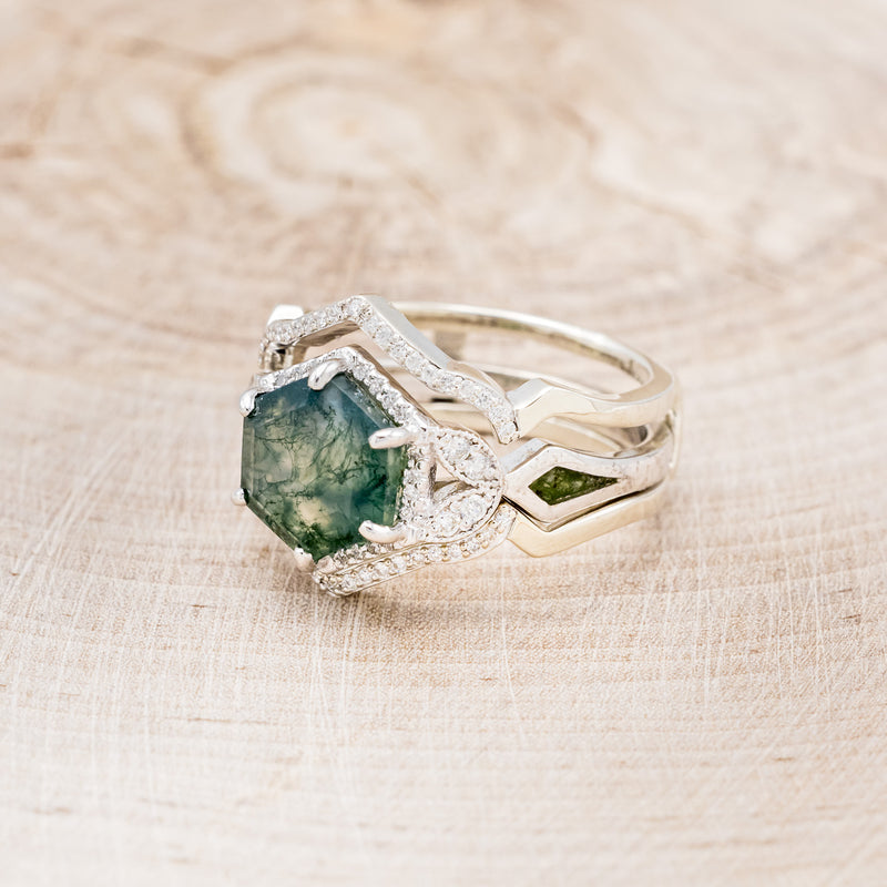 "LUCY IN THE SKY" - HEXAGON MOSS AGATE ENGAGEMENT RING WITH DIAMOND HALO, MOSS INLAYS & DIAMOND RING GUARD-3