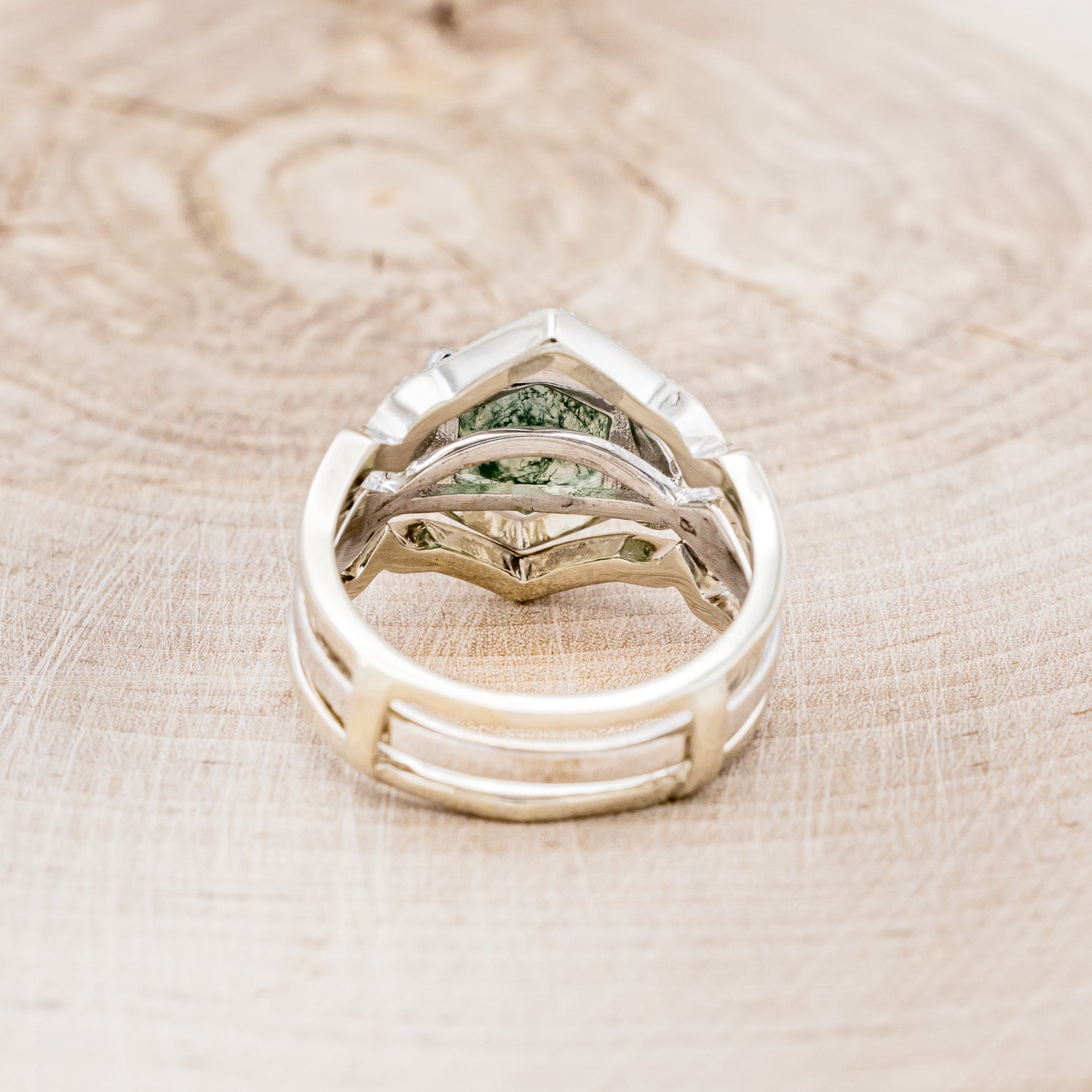"LUCY IN THE SKY" - HEXAGON MOSS AGATE ENGAGEMENT RING WITH DIAMOND HALO, MOSS INLAYS & DIAMOND RING GUARD-5