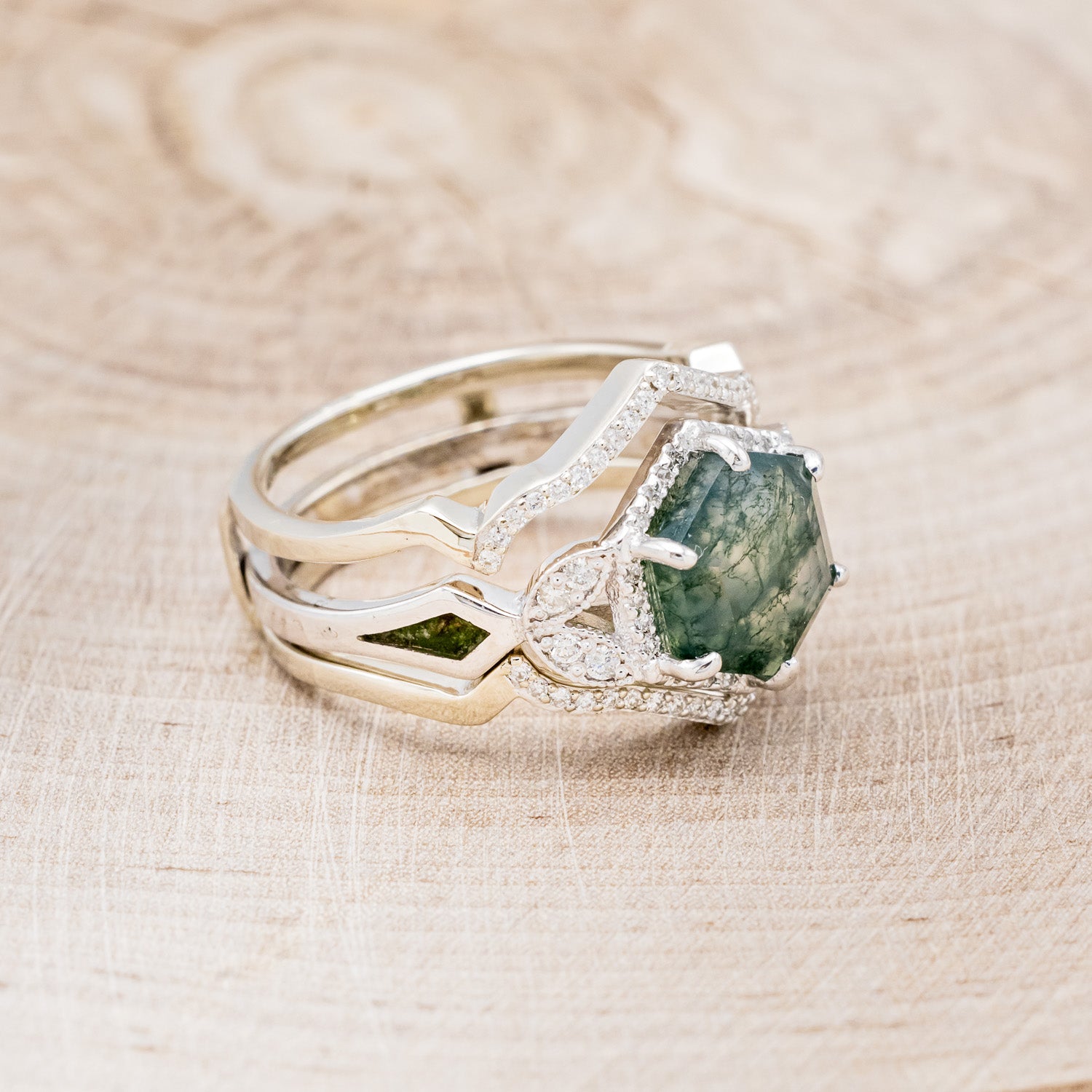 "LUCY IN THE SKY" - HEXAGON MOSS AGATE ENGAGEMENT RING WITH DIAMOND HALO, MOSS INLAYS & DIAMOND RING GUARD-2