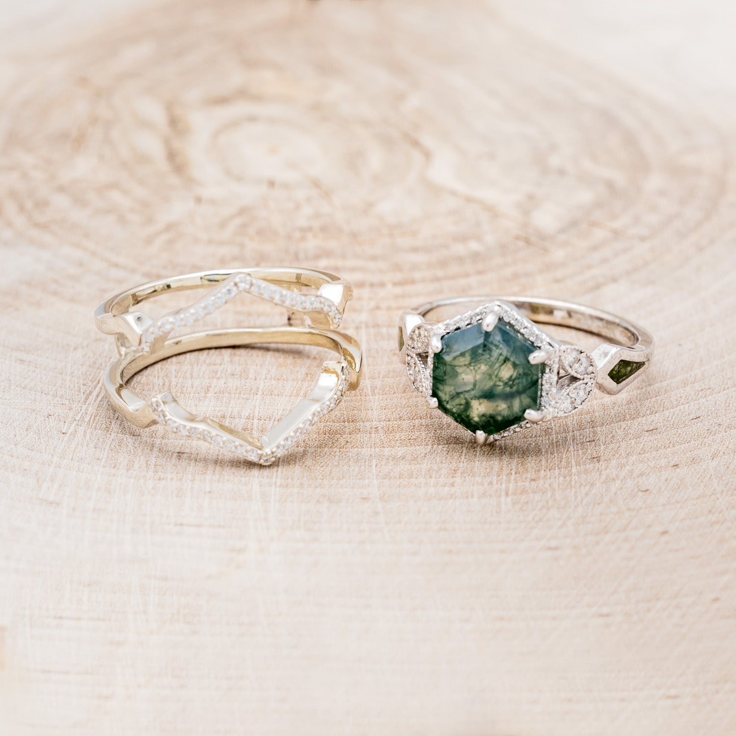 "LUCY IN THE SKY" - HEXAGON MOSS AGATE ENGAGEMENT RING WITH DIAMOND HALO, MOSS INLAYS & DIAMOND RING GUARD-6