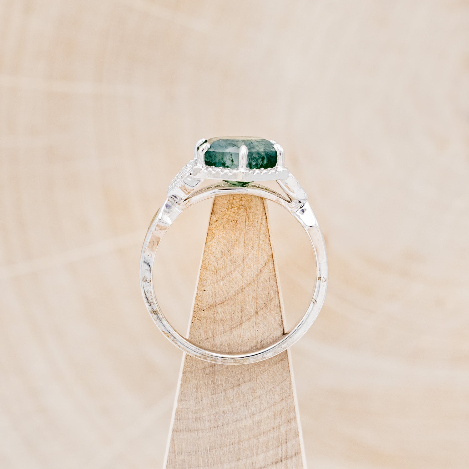 "LUCY IN THE SKY" - HEXAGON MOSS AGATE ENGAGEMENT RING WITH DIAMOND HALO, MOSS INLAYS & DIAMOND RING GUARD-12