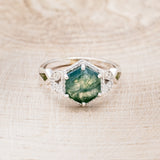 "LUCY IN THE SKY" - HEXAGON MOSS AGATE ENGAGEMENT RING WITH DIAMOND HALO, MOSS INLAYS & DIAMOND RING GUARD-10