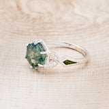 "LUCY IN THE SKY" - HEXAGON MOSS AGATE ENGAGEMENT RING WITH DIAMOND HALO, MOSS INLAYS & DIAMOND RING GUARD-9