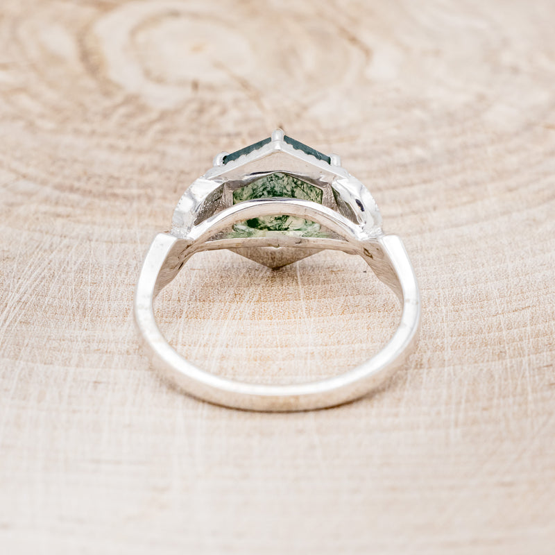 "LUCY IN THE SKY" - HEXAGON MOSS AGATE ENGAGEMENT RING WITH DIAMOND HALO, MOSS INLAYS & DIAMOND RING GUARD