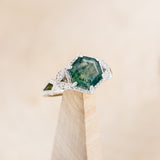 "LUCY IN THE SKY" - HEXAGON MOSS AGATE ENGAGEMENT RING WITH DIAMOND HALO, MOSS INLAYS & DIAMOND RING GUARD-7