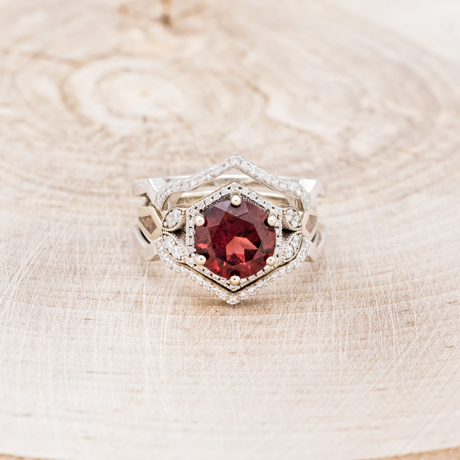 "LUCY IN THE SKY" - ROUND CUT GARNET ENGAGEMENT RING WITH DIAMOND ACCENTS, RED OPAL INLAYS & RING GUARD-4