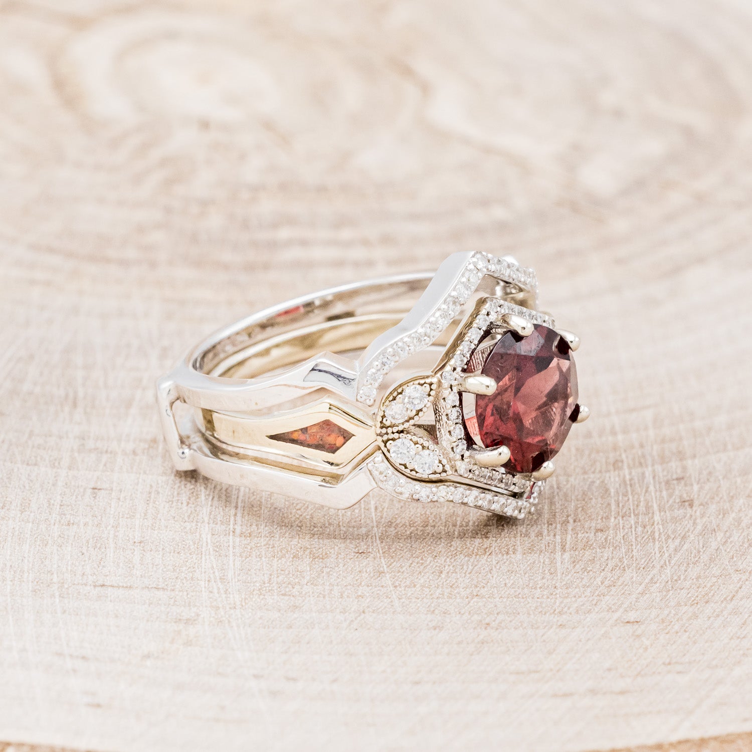 "LUCY IN THE SKY" - ROUND CUT GARNET ENGAGEMENT RING WITH DIAMOND ACCENTS, RED OPAL INLAYS & RING GUARD-2