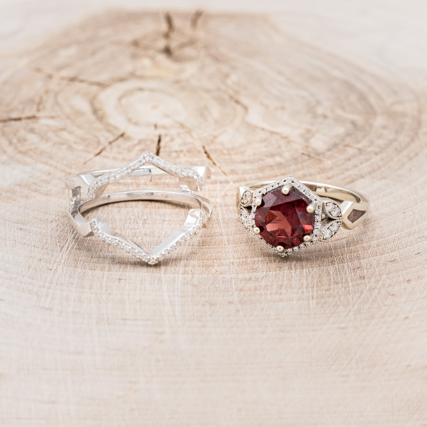 "LUCY IN THE SKY" - ROUND CUT GARNET ENGAGEMENT RING WITH DIAMOND ACCENTS, RED OPAL INLAYS & RING GUARD-7