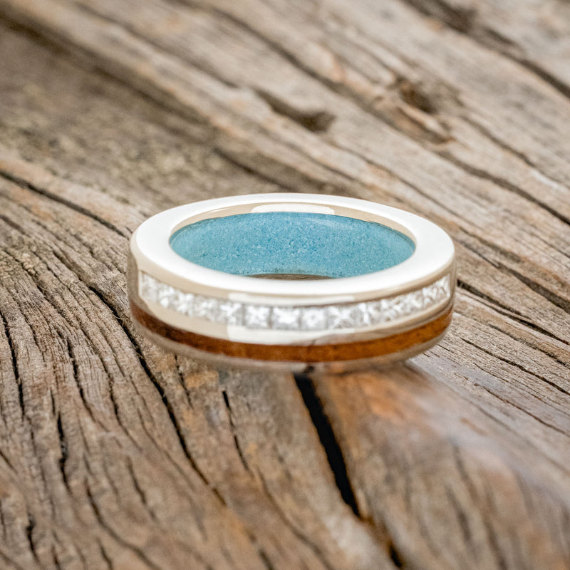"MEMPHIS" - KOA WOOD, DIAMONDS WEDDING RING WITH A TURQUOISE LINED BAND