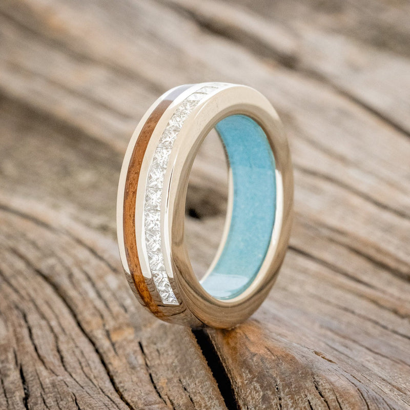 "MEMPHIS" - KOA WOOD, DIAMONDS WEDDING RING WITH A TURQUOISE LINED BAND