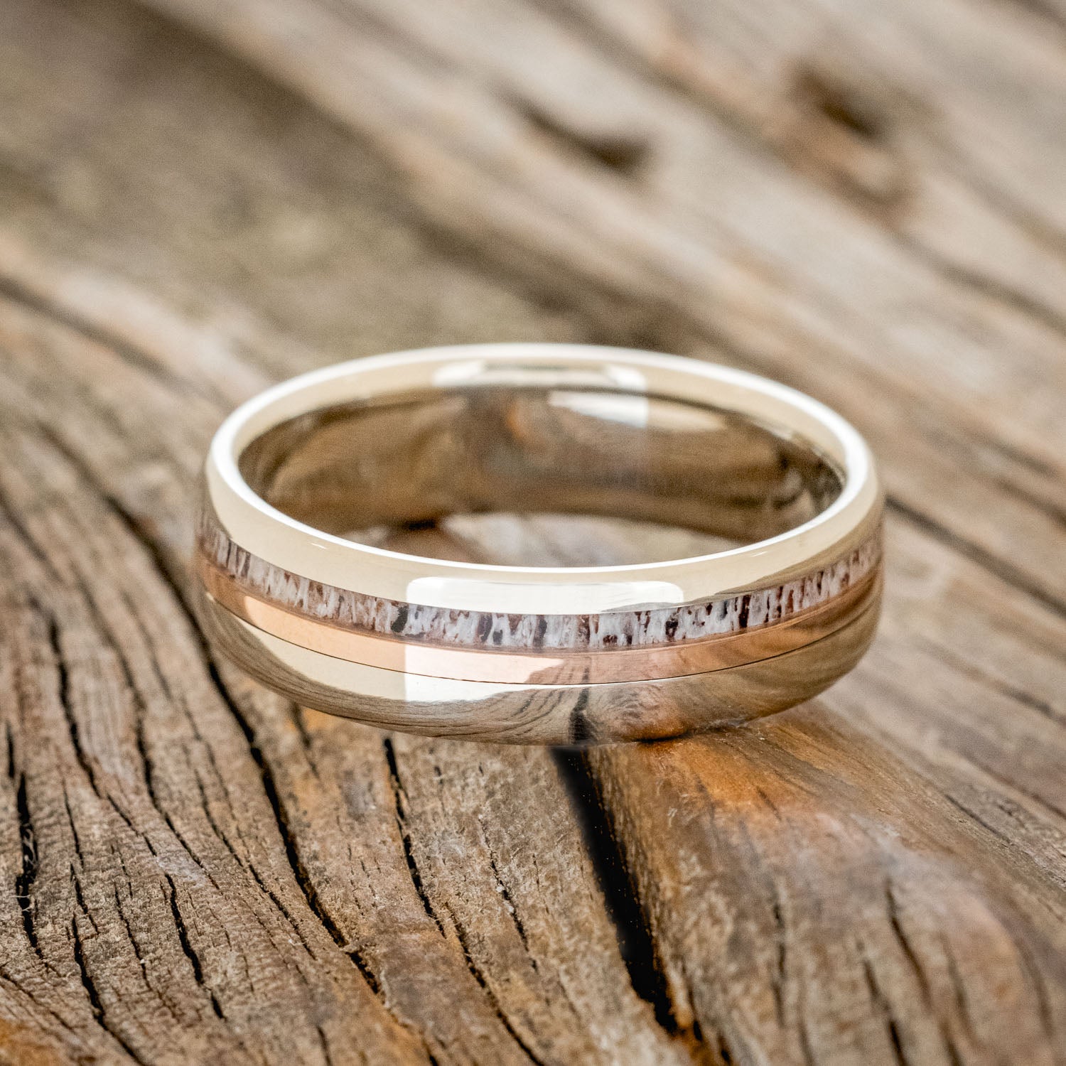 "TANNER" - ELK ANTLER & 14K GOLD INLAY WEDDING BAND-3