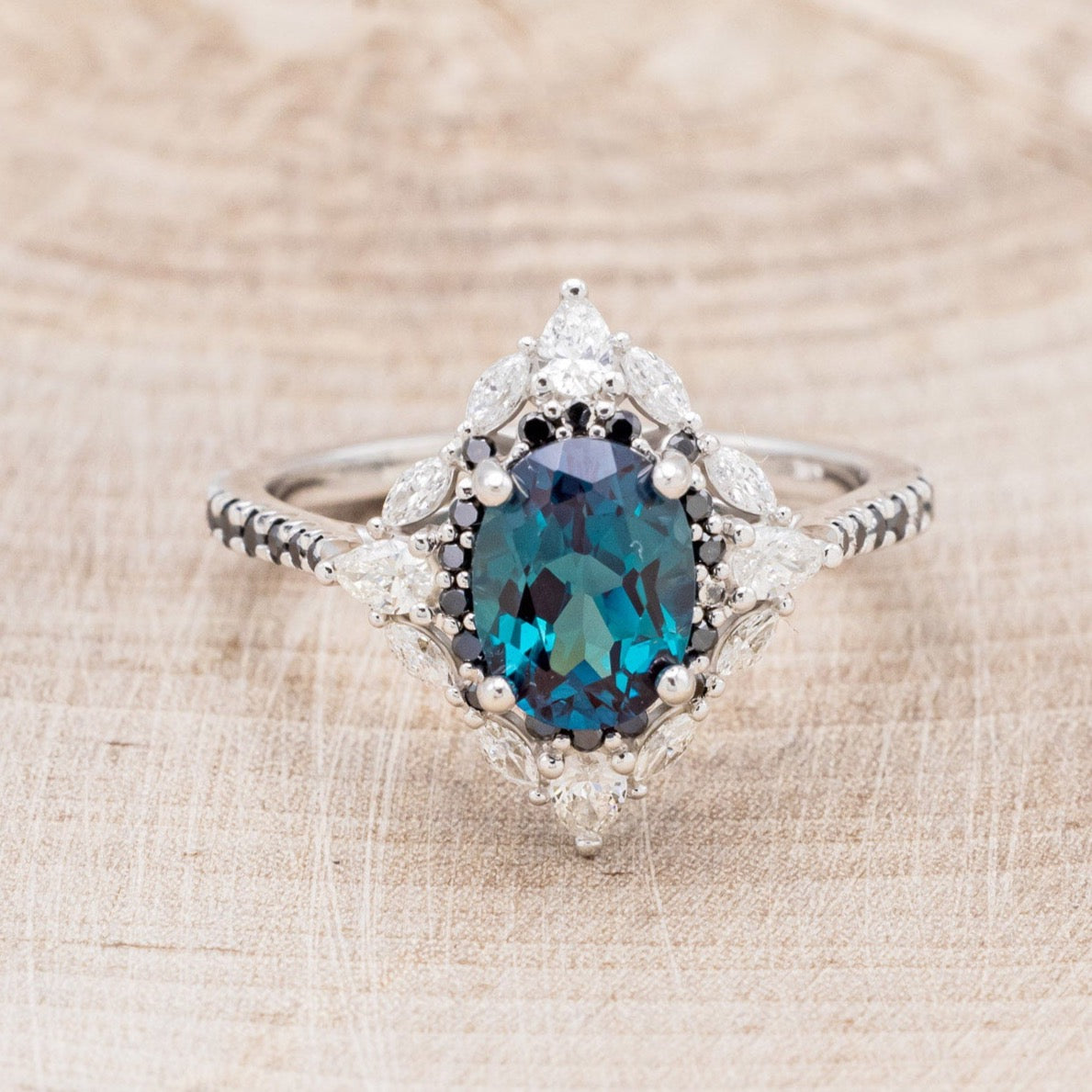 "NORTH STAR" - OVAL LAB-GROWN ALEXANDRITE ENGAGEMENT RING WITH DIAMOND HALO & BLACK DIAMOND ACCENTS-10