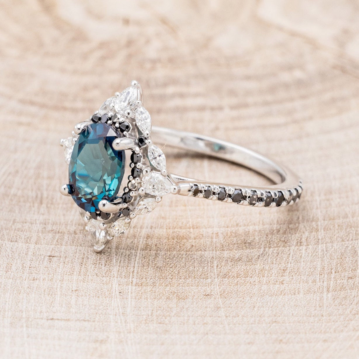 "NORTH STAR" - OVAL LAB-GROWN ALEXANDRITE ENGAGEMENT RING WITH DIAMOND HALO & BLACK DIAMOND ACCENTS-9