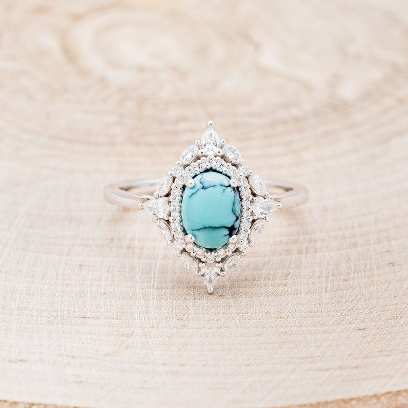 "NORTH STAR" - OVAL TURQUOISE CABOCHON ENGAGEMENT RING WITH DIAMOND HALO