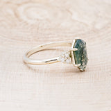 "OCTAVIA" - ELONGATED HEXAGON MOSS AGATE ENGAGEMENT RING WITH DIAMOND ACCENTS