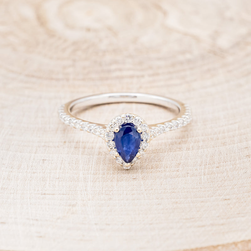 "AGNES" - PEAR-SHAPED NATURAL BLUE SAPPHIRE ENGAGEMENT RING WITH DIAMOND HALO & ACCENT BAND-4