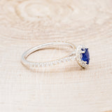"AGNES" - PEAR-SHAPED NATURAL BLUE SAPPHIRE ENGAGEMENT RING WITH DIAMOND HALO & ACCENT BAND