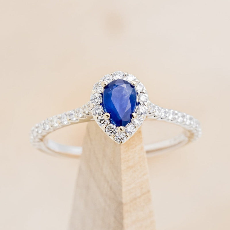 "AGNES" - PEAR-SHAPED NATURAL BLUE SAPPHIRE ENGAGEMENT RING WITH DIAMOND HALO & ACCENT BAND-1