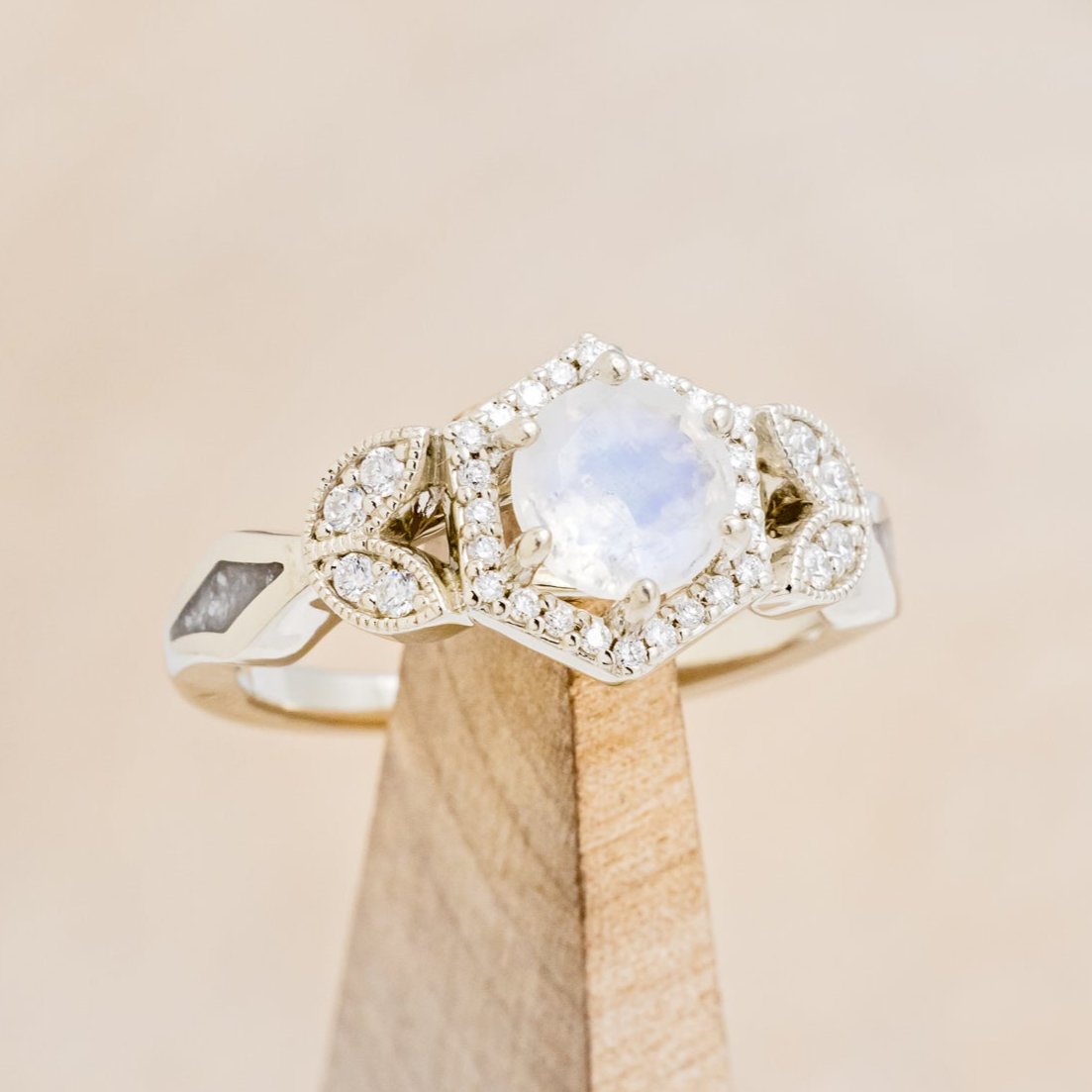 "LUCY IN THE SKY" PETITE - ROUND CUT MOONSTONE ENGAGEMENT RING WITH DIAMOND ACCENTS & DIAMOND DUST INLAYS-7