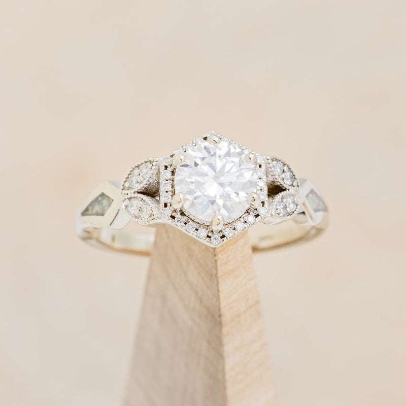 "LUCY IN THE SKY" PETITE - ROUND CUT MOISSANITE ENGAGEMENT RING WITH DIAMOND ACCENTS & FIRE & ICE OPAL INLAYS