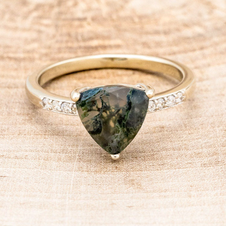 "PIPER" - TRILLION CUT MOSS AGATE ENGAGEMENT RING WITH DIAMOND ACCENTS-16